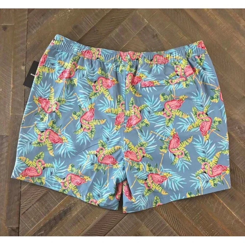 Bonobos Mens Flamingo Tropical Print Swim Trunks Light Blue XL BOE26115RO NWT